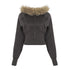Cropped dark gray zip-up jacket with long sleeves and faux fur collar, fitted style