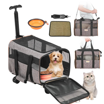 Gray rolling pet carrier with mesh panels, carrying handles, and a small dog inside