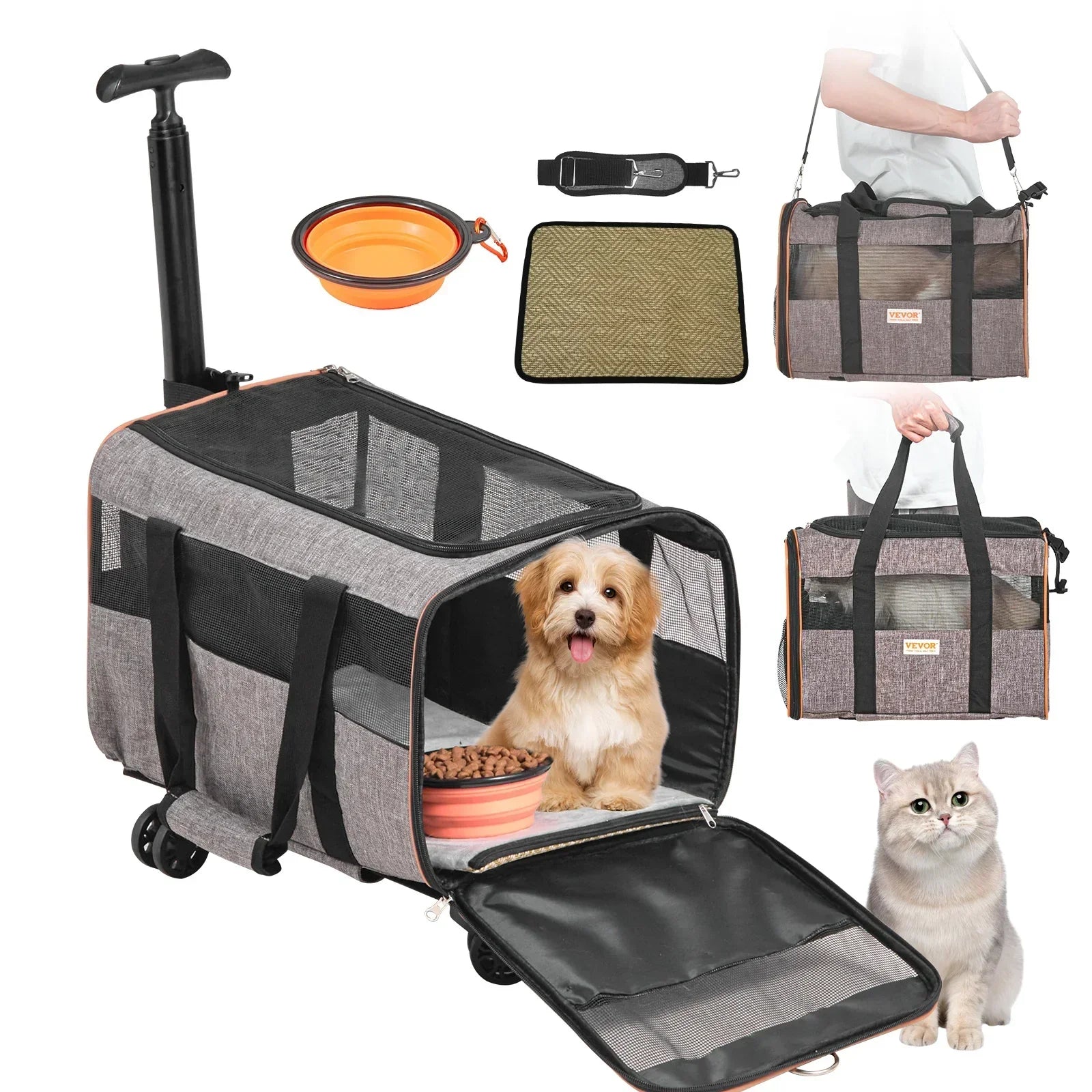 Gray rolling pet carrier with black mesh panels, showing removable mat, bowl, and adjustable strap