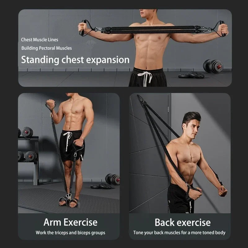 Man wearing black drawstring athletic shorts, performing resistance band exercises in a modern gym setting; shorts feature a relaxed fit and lightweight material.