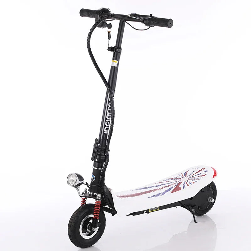 Electric scooter with black frame, white deck featuring red and blue geometric design, sturdy tires