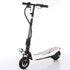 Electric scooter with black frame, white deck featuring red and blue geometric design, sturdy tires