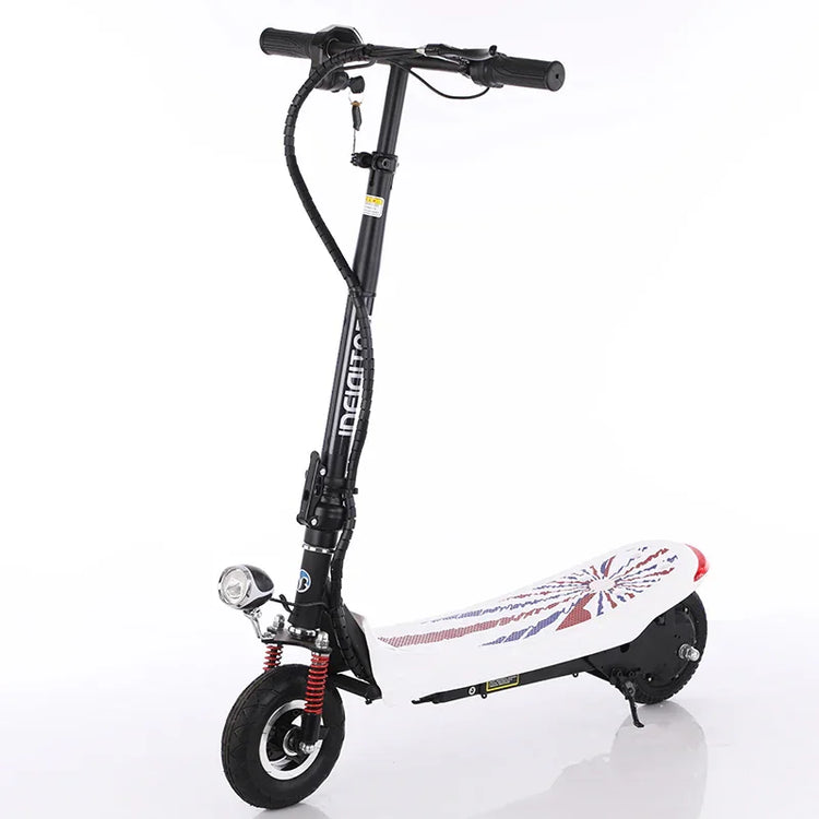 Electric scooter with black frame, white deck featuring red and blue geometric design, sturdy tires
