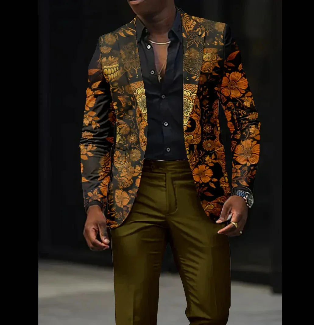 Men’s slim fit blazer with bold floral gold and black pattern, paired with olive trousers