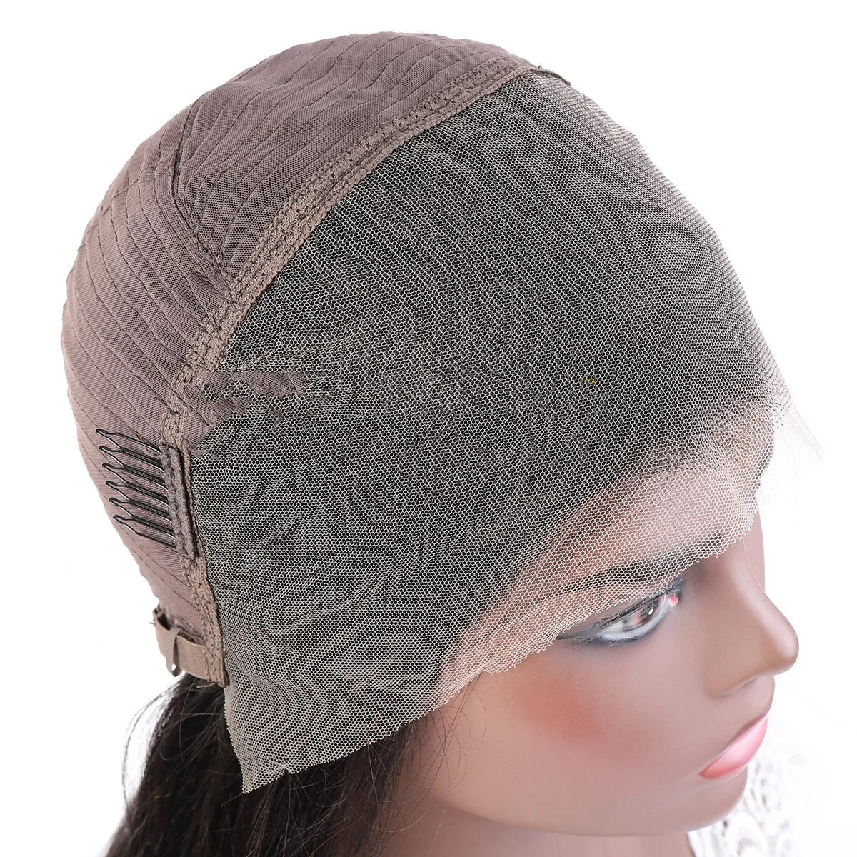 Close-up of mannequin wearing brown mesh lace wig cap with adjustable strap and clips, shown for hair styling or wig installation.