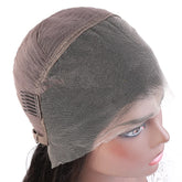 Close-up of mannequin wearing brown mesh lace wig cap with adjustable strap and clips, shown for hair styling or wig installation.