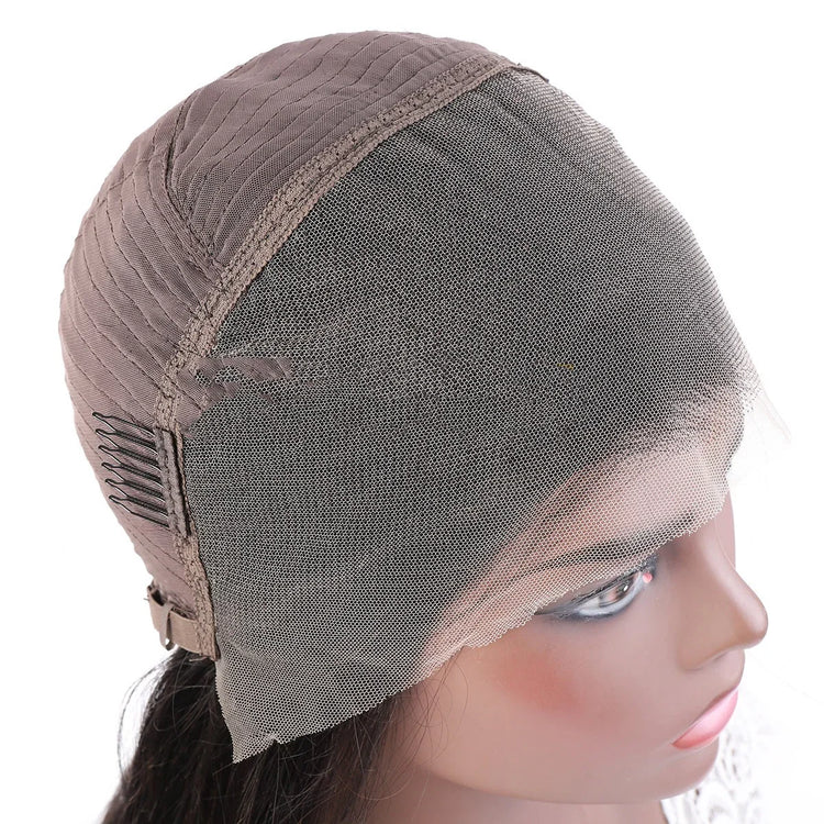 Close-up of mannequin wearing brown mesh lace wig cap with adjustable strap and clips, shown for hair styling or wig installation.