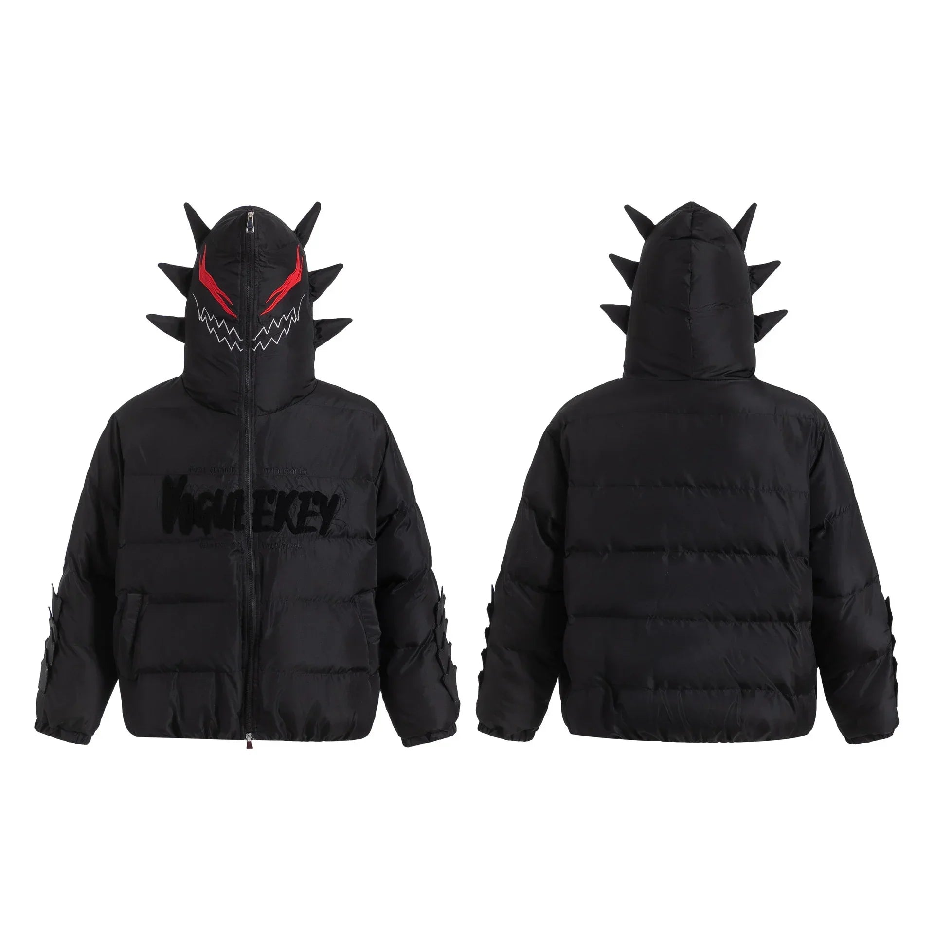 Black puffer jacket with spikes, full hood, red and white face graphic, relaxed fit