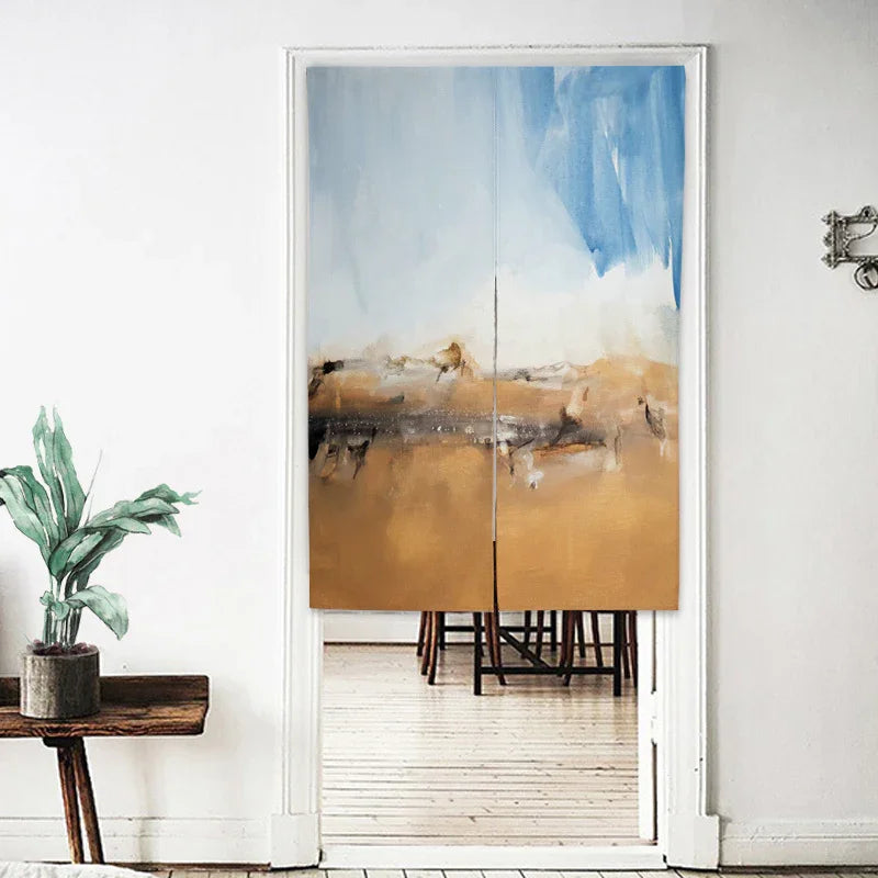 Abstract beige and blue fabric door curtain in minimalist living room setting
