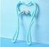 Light blue handheld massage roller with dual spiked wheels on pastel blue background