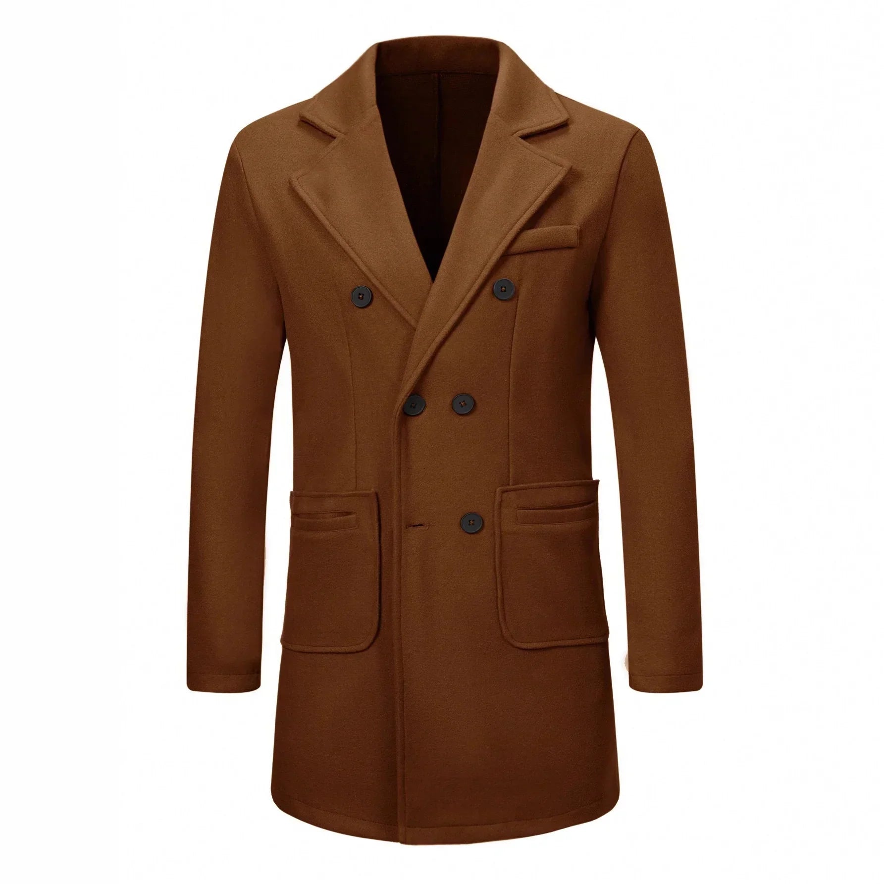 Brown wool double-breasted coat with notch lapel and tailored slim fit