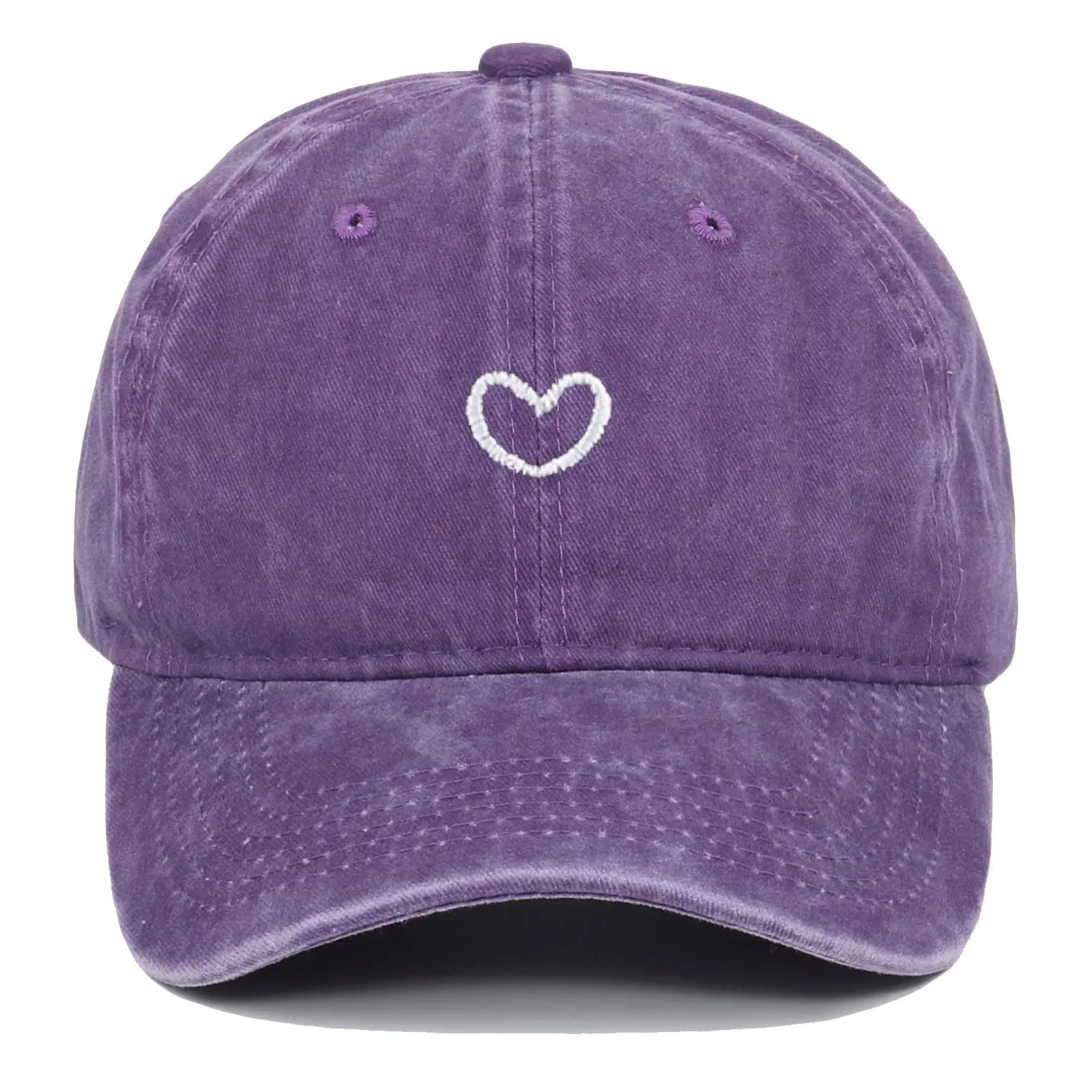 Purple washed cotton baseball cap with white heart embroidery, relaxed fit streetwear style