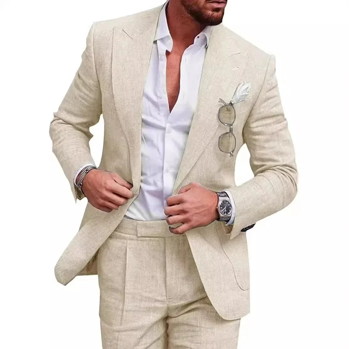 Men's slim fit beige linen suit with white dress shirt, modern formal style
