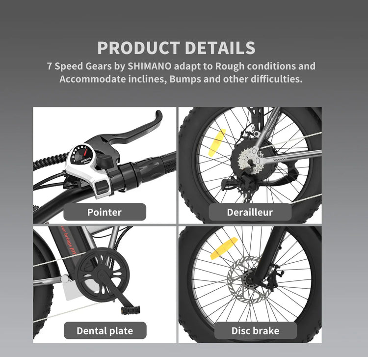 Close-up bike details showing gear shifter, derailleur, pedal crank, and disc brake.