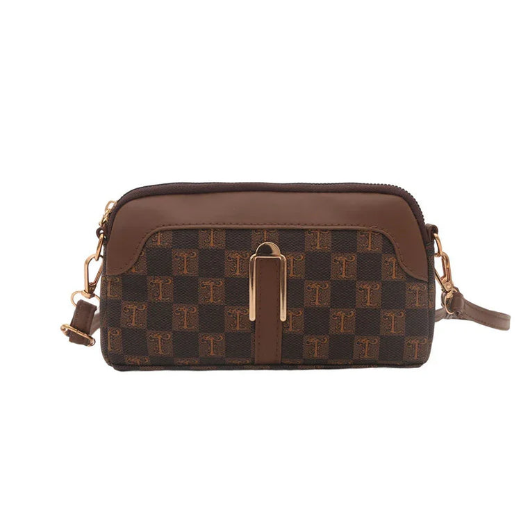 Brown checkered crossbody bag with gold hardware and adjustable strap, faux leather material