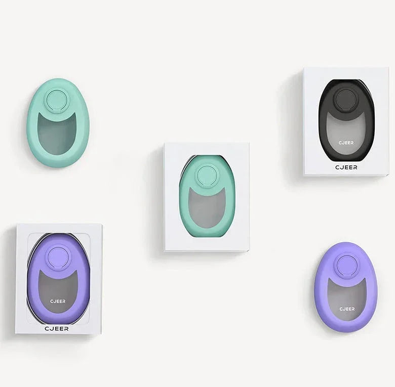 Oval personal safety alarms in mint green, lavender, and black with smooth, modern plastic design