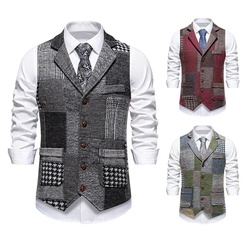 Men's patchwork wool vest in gray, burgundy, and green, slim fit, over white shirt