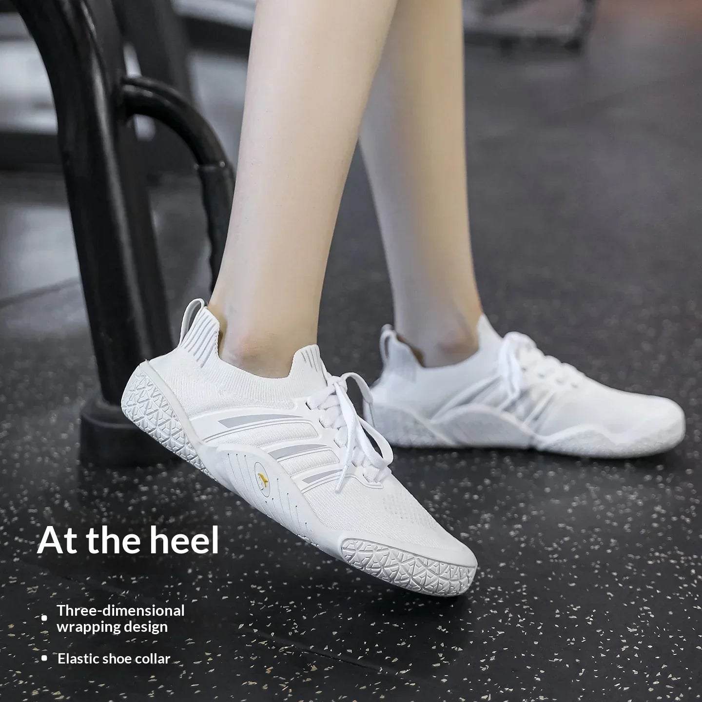 White knit sneakers with elastic ankle collar and textured sole, athletic streetwear style