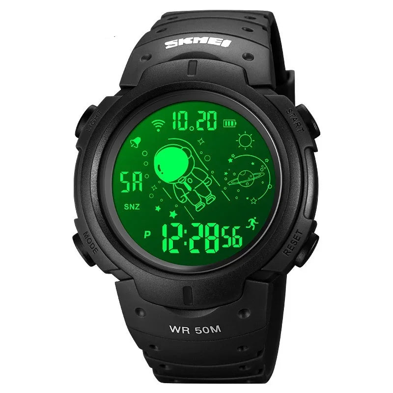 Black digital wristwatch with green backlight, astronaut space-themed display, sporty fit