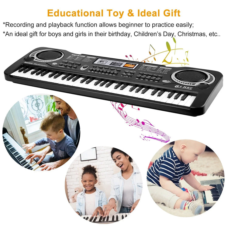 People of various ages playing an electronic keyboard, featuring 61 keys and built-in speakers.