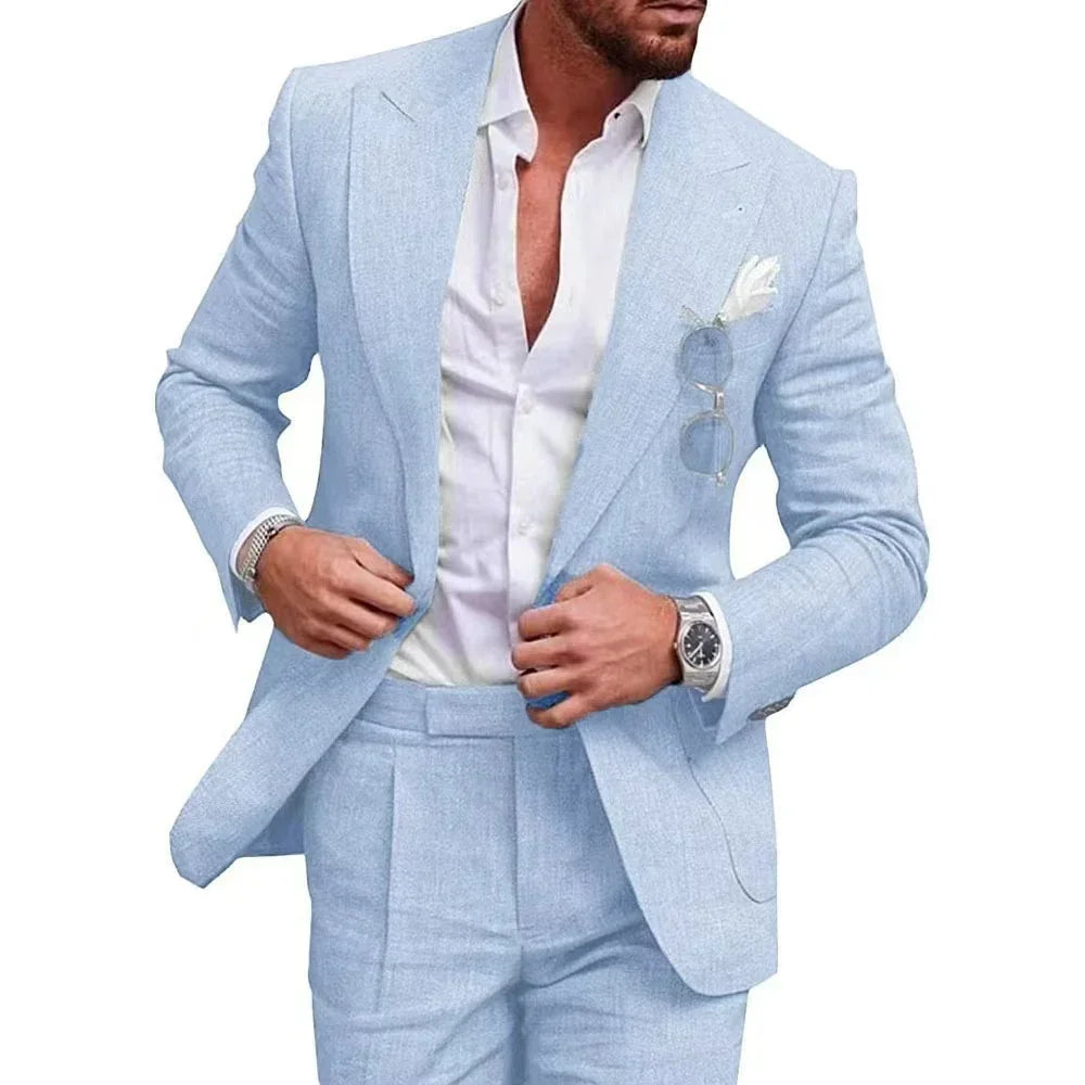 Men's slim fit light blue suit with white dress shirt, linen texture, modern formal style