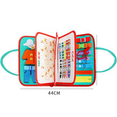 Colorful felt educational activity book with buttons, zippers, and buckles, open to show interactive pages, measuring 44cm wide.