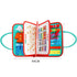 Colorful felt educational activity book with buttons, zippers, and buckles, open to show interactive pages, measuring 44cm wide.