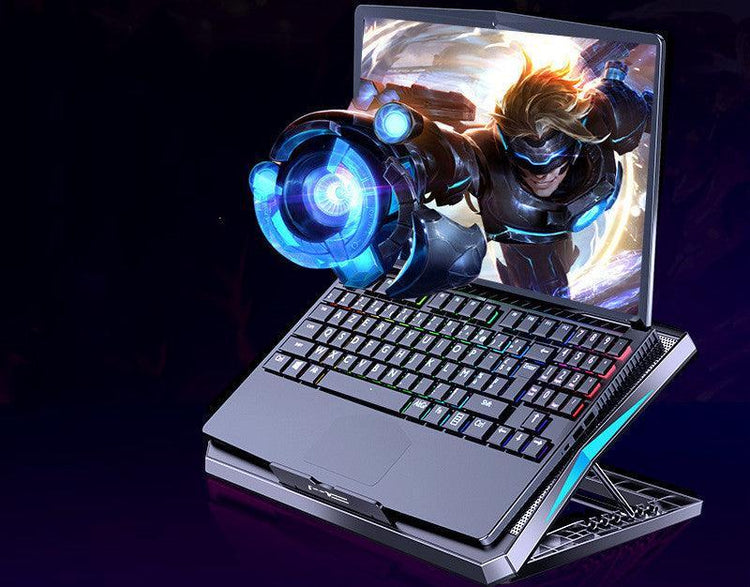 Futuristic gaming laptop with RGB backlit keyboard and 3D action character on screen
