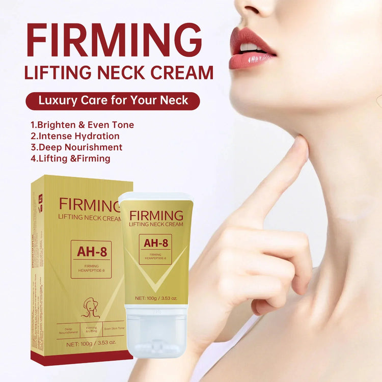 Firming lifting neck cream tube and box shown with close-up of woman&