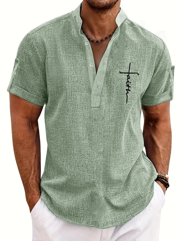 Light green short-sleeve textured shirt with mandarin collar and relaxed fit, faith script detail