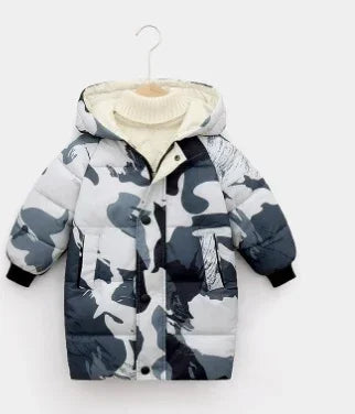 Kids' winter puffer jacket in gray camouflage print with hood, padded and long fit