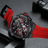 Futuristic black and red sports watch with silicone strap, multi-dial face, and bold design