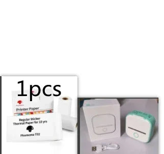 Mini thermal printer with white and mint green casing, includes USB cable and thermal paper rolls