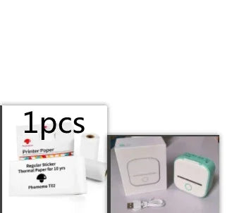 Mini thermal printer with white and mint green casing, includes USB cable and thermal paper rolls