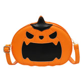 Orange faux leather crossbody bag shaped like a pumpkin with black jack-o&