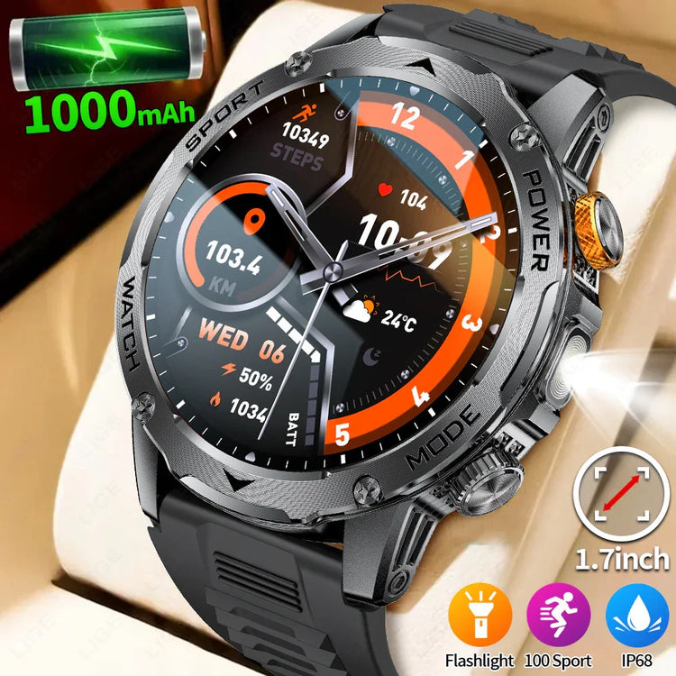Modern black and silver sport smartwatch with large round display, silicone band, and fitness tracking.