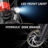 Close-up of bike with LED front light, hydraulic disc brakes, black matte frame.