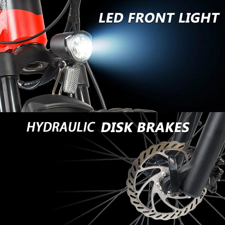 Close-up of bike with LED front light, hydraulic disc brakes, black matte frame.