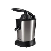Stainless steel electric citrus juicer with black plastic handle and spout