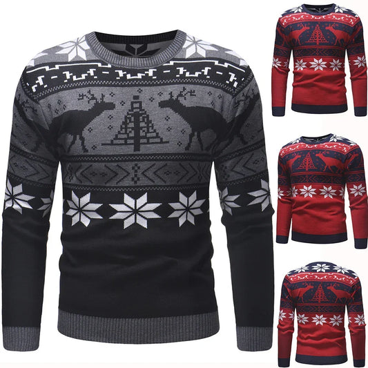 Men's crew neck knit sweaters with reindeer, tree, and snowflake patterns in black, grey, and red color options, slim fit, winter streetwear style.