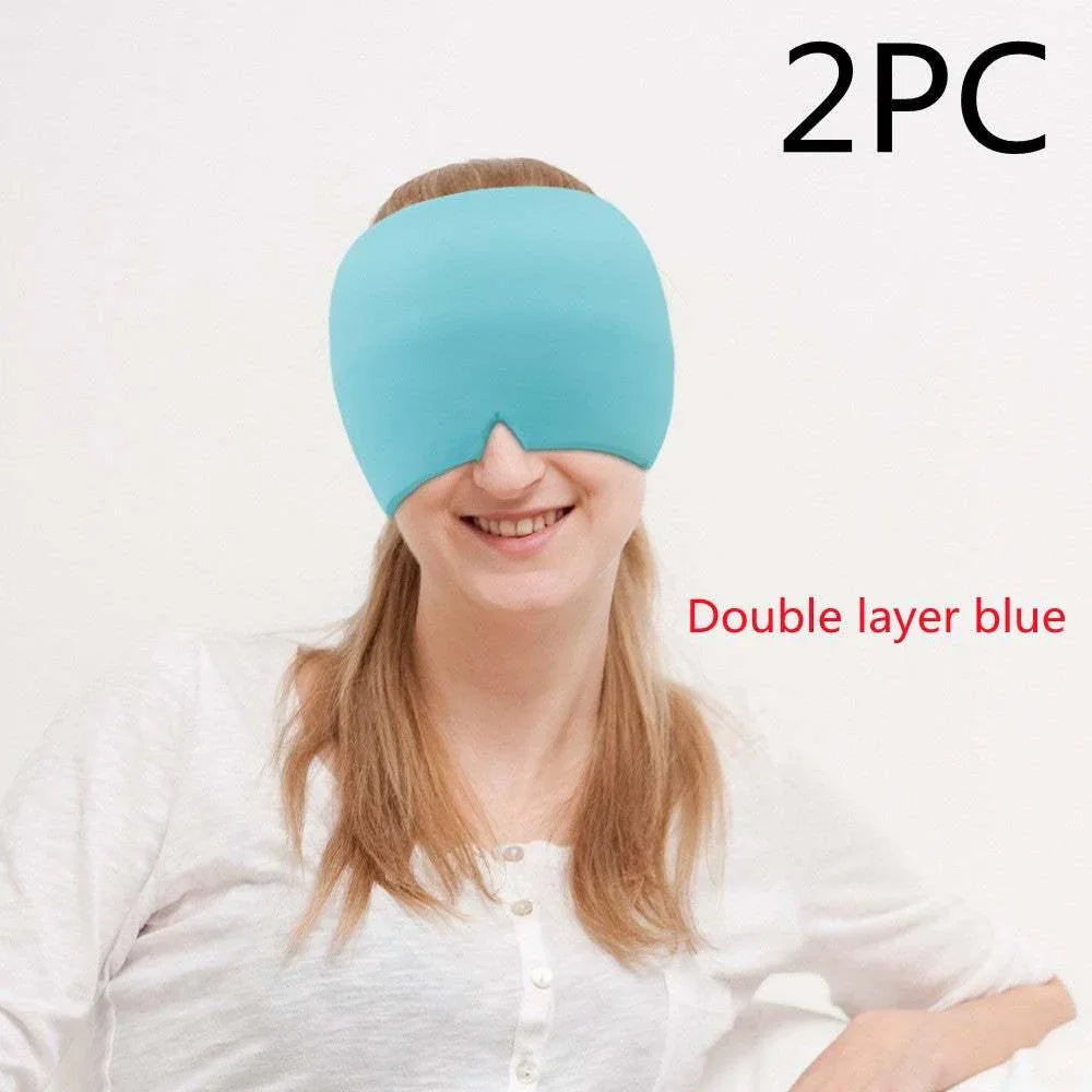 Woman wearing a blue double-layer sleep mask, soft fabric material, relaxed fit