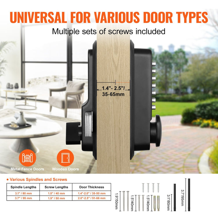 Black keyless door lock on light wood door, fits 1.4-2.5 inch thick doors, shown with screws.