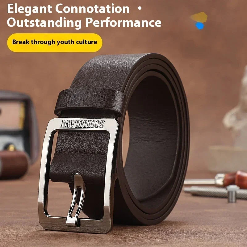 Men's dark brown leather belt with silver metal buckle, classic fit, modern streetwear accessory