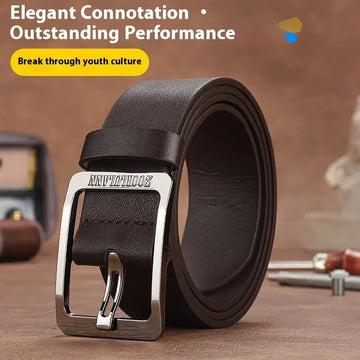 Men's dark brown leather belt with silver metal buckle, classic fit, modern streetwear accessory