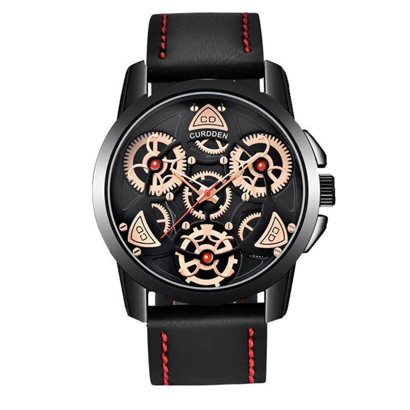 Black leather watch with red stitching, gold skeleton dial, and visible gear details