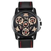Black leather watch with red stitching, gold skeleton dial, and visible gear details