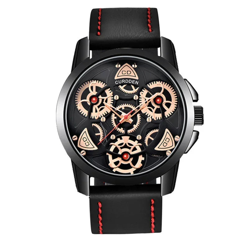Black leather watch with red stitching, gold skeleton dial, and visible gear details