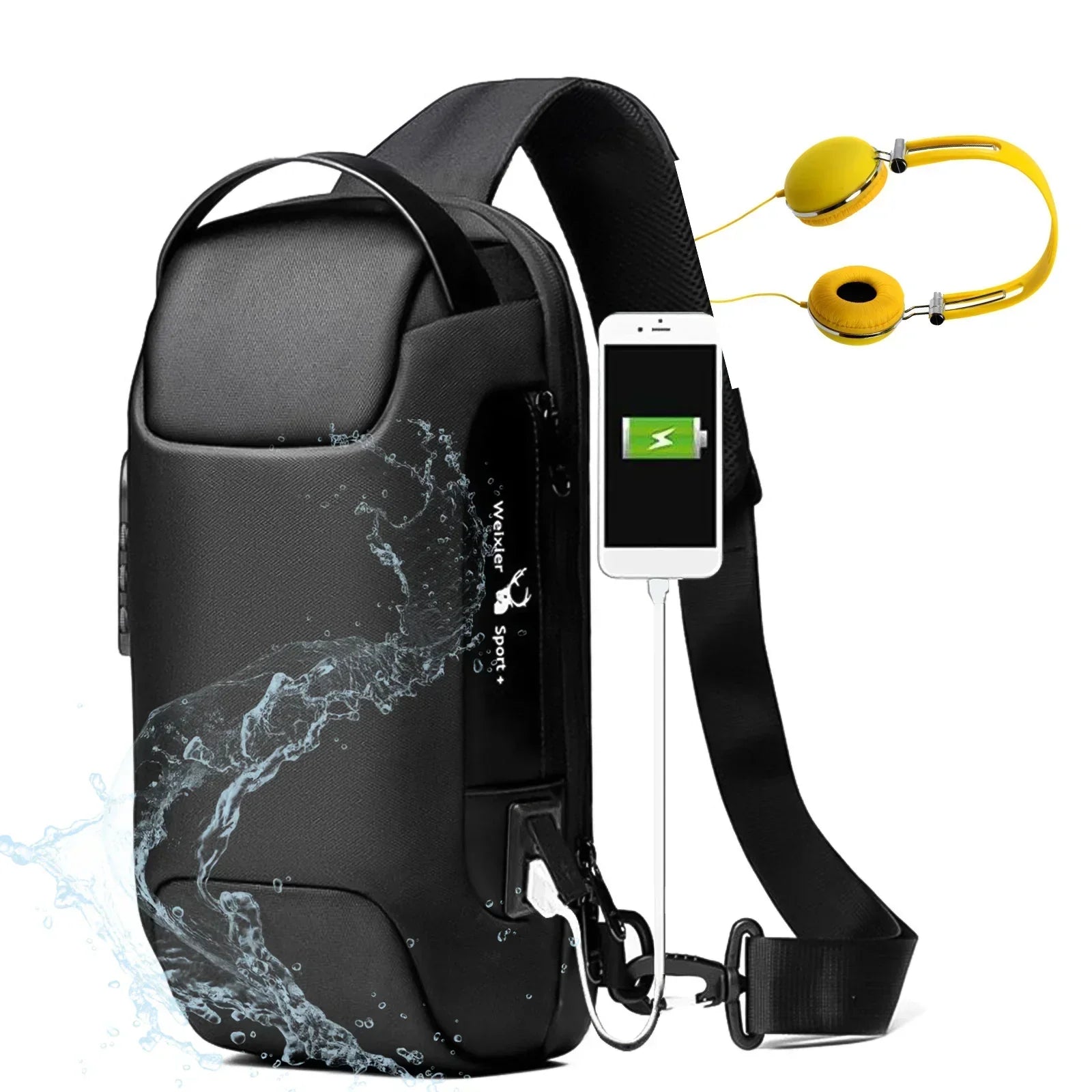 Black waterproof crossbody sling bag with USB charging port, tech-ready, modern design