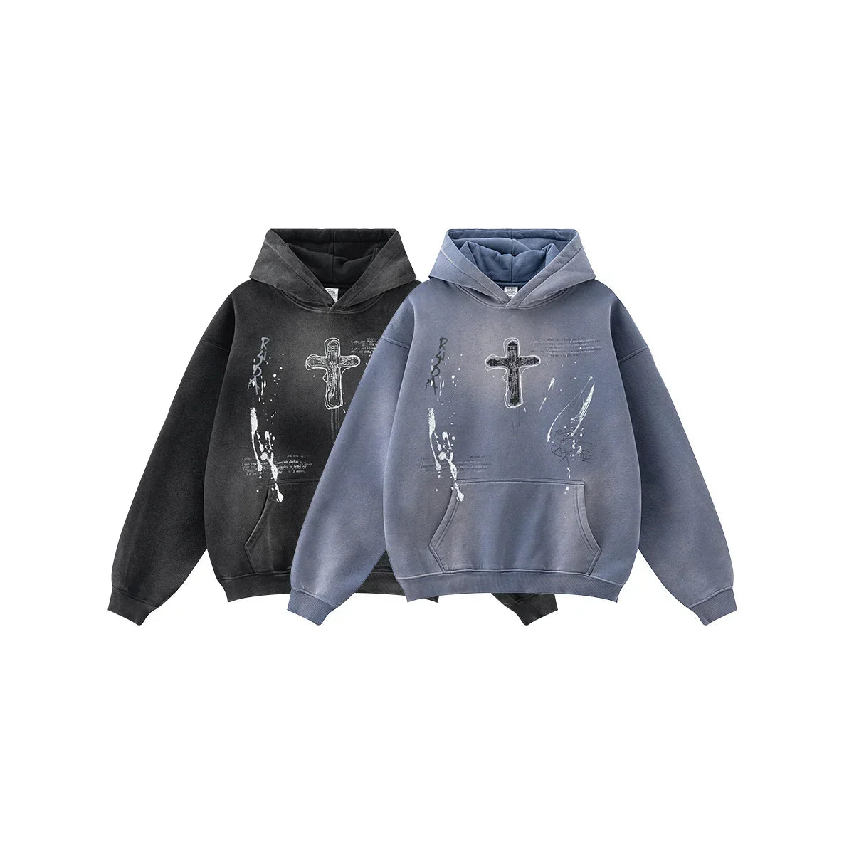 Oversized streetwear hoodies in faded black and blue, featuring cross and paint splatter print.