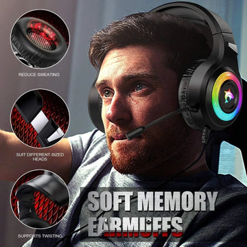 Man wearing over-ear RGB gaming headset with soft memory earmuffs and adjustable fit